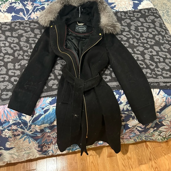 1 Madison Black Wool Wrap Coat with Detachable Fox Fur Trim - Picture 2 of 12